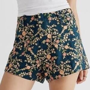Momo New York Embroidered Silk Floral Shorts Sz Medium Teal Boho Artsy Festival